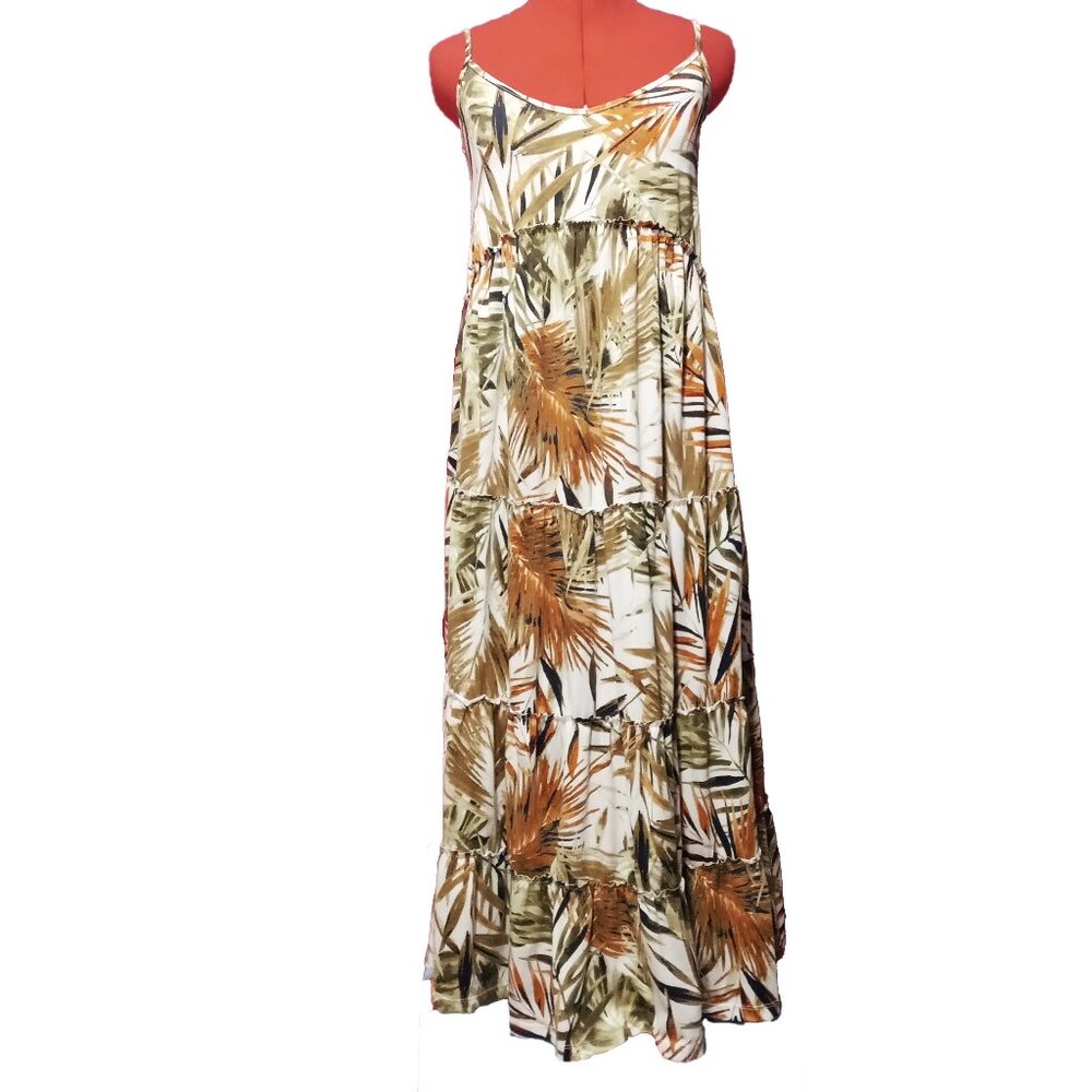 Emma & Michele White With Leaf Pattern Loose Fit Tiered Summer Maxi Dress US M